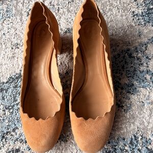 Chloe Scalloped Suede Pumps in Tan